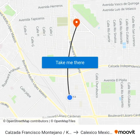 Calzada Francisco Montejano / Kora to Calexico Mexicali map