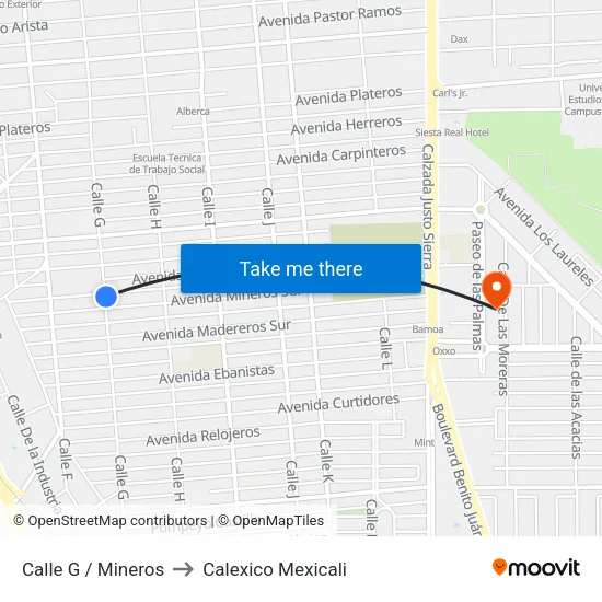 Calle G / Mineros to Calexico Mexicali map