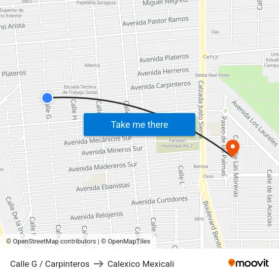 Calle G / Carpinteros to Calexico Mexicali map