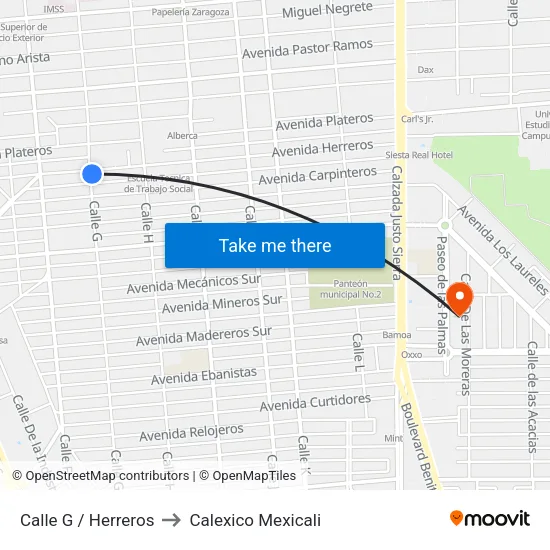 Calle G / Herreros to Calexico Mexicali map
