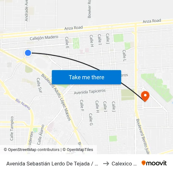 Avenida Sebastián Lerdo De Tejada / Pedro Pérez Y Ramírez to Calexico Mexicali map