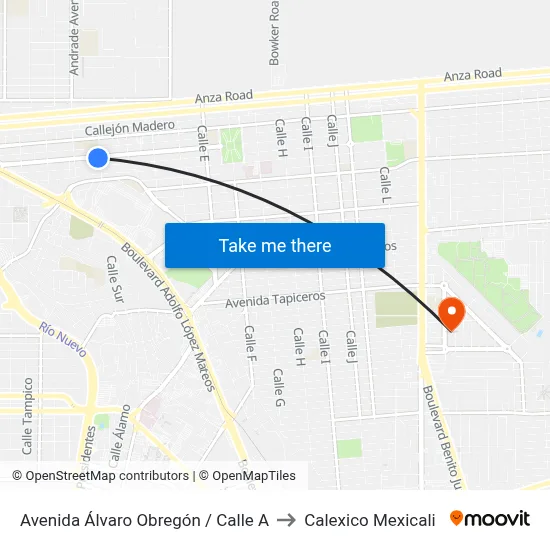 Avenida Álvaro Obregón / Calle A to Calexico Mexicali map