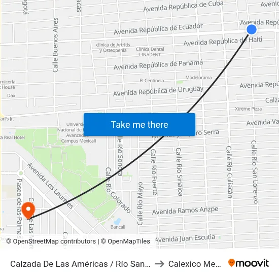 Calzada De Las Américas / Río San Lorenzo to Calexico Mexicali map