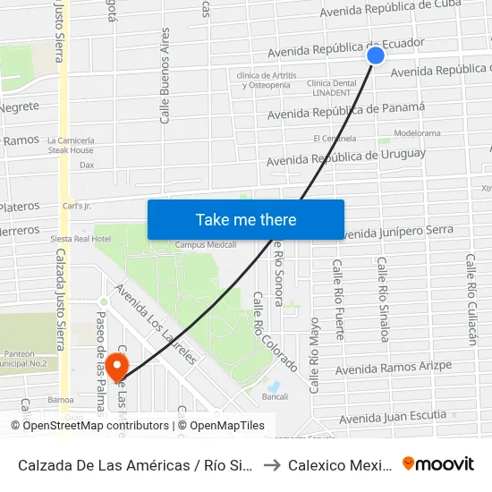 Calzada De Las Américas / Río Sinaloa to Calexico Mexicali map