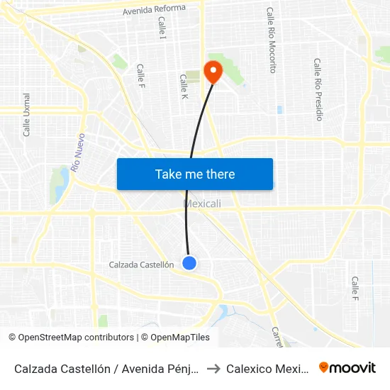 Calzada Castellón / Avenida Pénjamo to Calexico Mexicali map