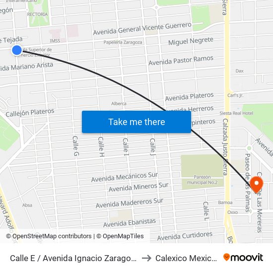 Calle E / Avenida Ignacio Zaragoza to Calexico Mexicali map