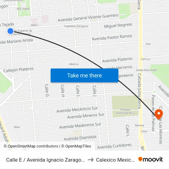 Calle E / Avenida Ignacio Zaragoza to Calexico Mexicali map