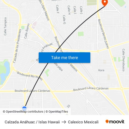Calzada Anáhuac / Islas Hawaii to Calexico Mexicali map