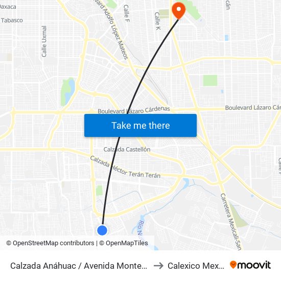 Calzada Anáhuac / Avenida Montecastelo to Calexico Mexicali map