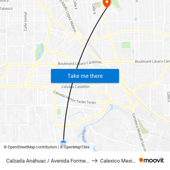 Calzada Anáhuac / Avenida Formentera to Calexico Mexicali map
