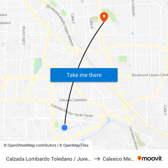 Calzada Lombardo Toledano / Juventud 2000 to Calexico Mexicali map