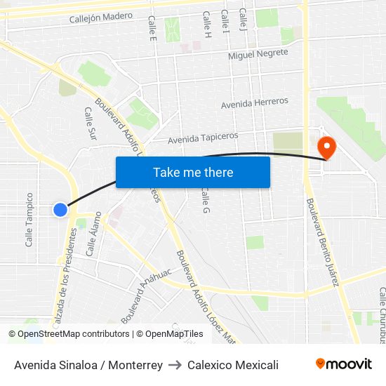 Avenida Sinaloa / Monterrey to Calexico Mexicali map