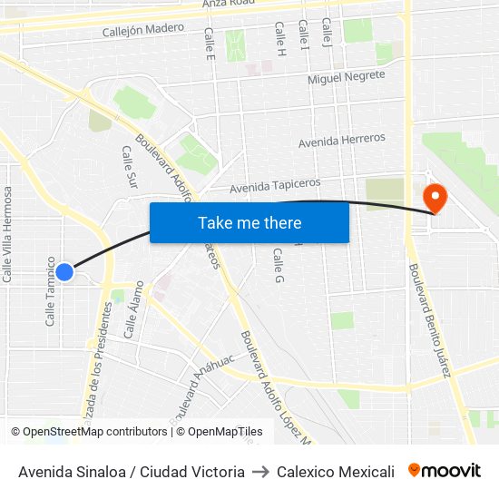 Avenida Sinaloa / Ciudad Victoria to Calexico Mexicali map