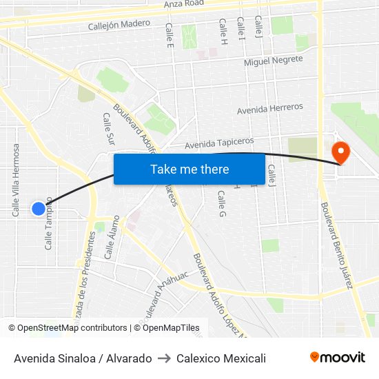 Avenida Sinaloa / Alvarado to Calexico Mexicali map