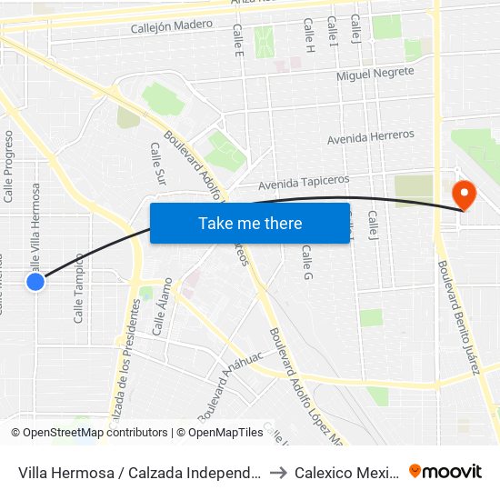 Villa Hermosa / Calzada Independencia to Calexico Mexicali map