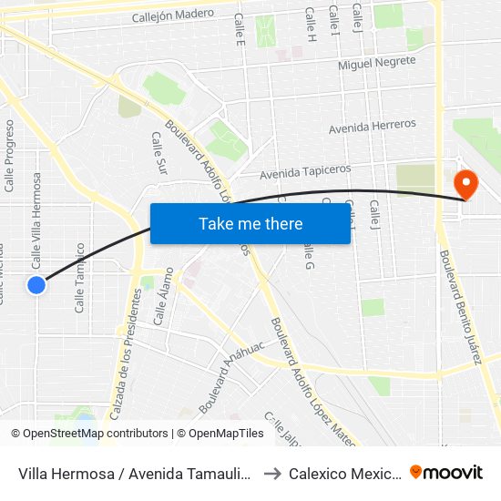 Villa Hermosa / Avenida Tamaulipas to Calexico Mexicali map