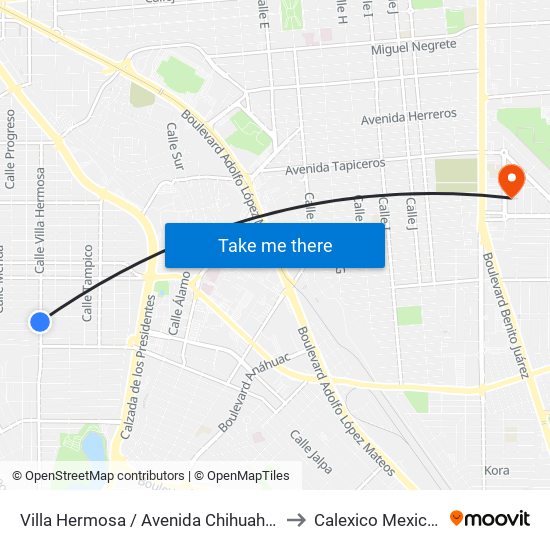 Villa Hermosa / Avenida Chihuahua to Calexico Mexicali map