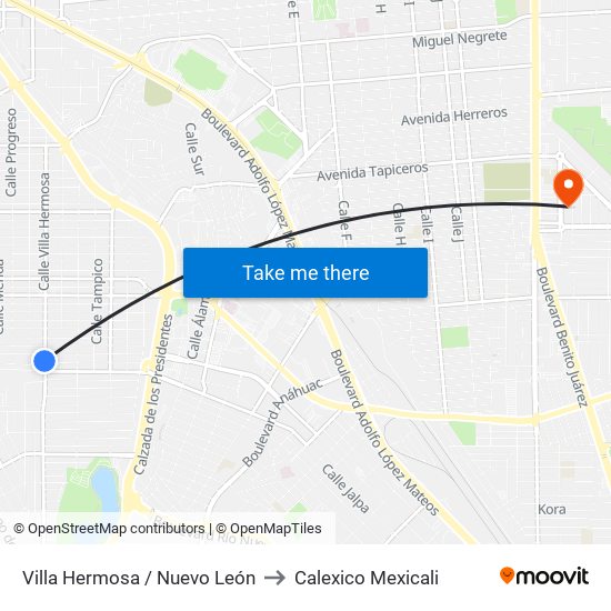 Villa Hermosa / Nuevo León to Calexico Mexicali map