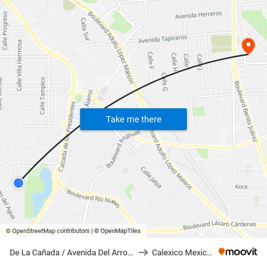 De La Cañada / Avenida Del Arroyo to Calexico Mexicali map