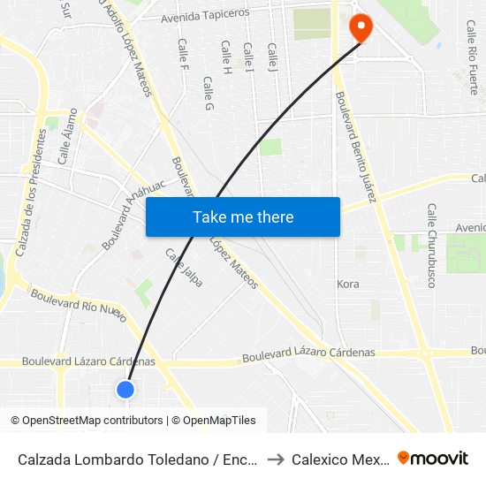 Calzada Lombardo Toledano / Encantadas to Calexico Mexicali map