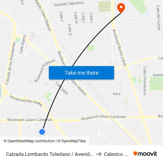 Calzada Lombardo Toledano / Avenida Eleno Hernández to Calexico Mexicali map