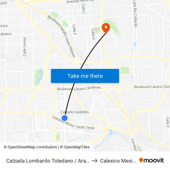 Calzada Lombardo Toledano / Aranjuez to Calexico Mexicali map