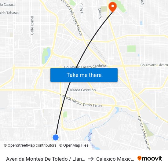 Avenida Montes De Toledo / Llanes to Calexico Mexicali map