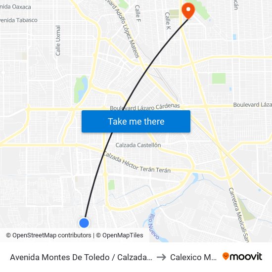 Avenida Montes De Toledo / Calzada De Los Reyes to Calexico Mexicali map