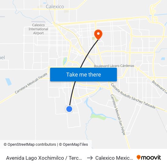 Avenida Lago Xochimilco / Tercera to Calexico Mexicali map