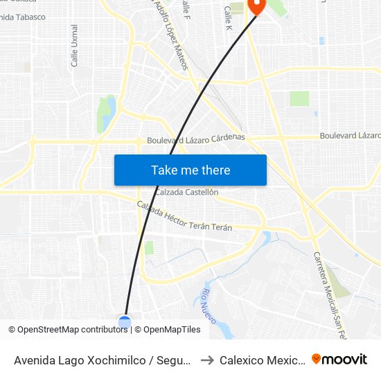 Avenida Lago Xochimilco / Segunda to Calexico Mexicali map