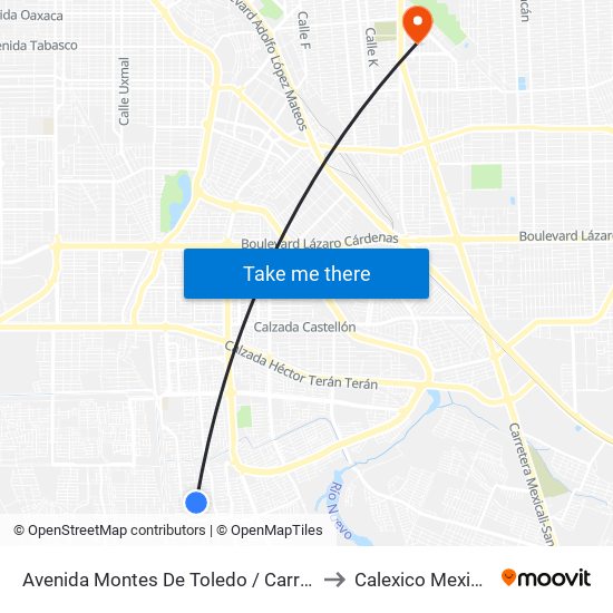 Avenida Montes De Toledo / Carreña to Calexico Mexicali map