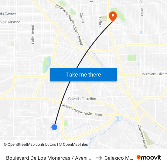 Boulevard De Los Monarcas / Avenida Corona Real to Calexico Mexicali map