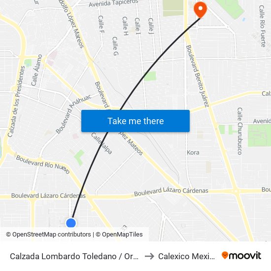 Calzada Lombardo Toledano / Orozco to Calexico Mexicali map