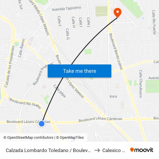 Calzada Lombardo Toledano / Boulevard Lázaro Cárdenas to Calexico Mexicali map