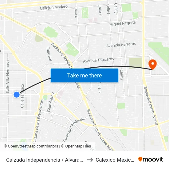 Calzada Independencia / Alvarado to Calexico Mexicali map