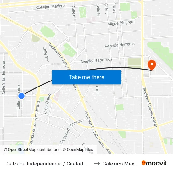 Calzada Independencia / Ciudad Victoria to Calexico Mexicali map