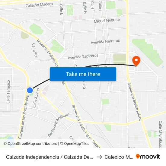 Calzada Independencia / Calzada De Los Presidentes to Calexico Mexicali map