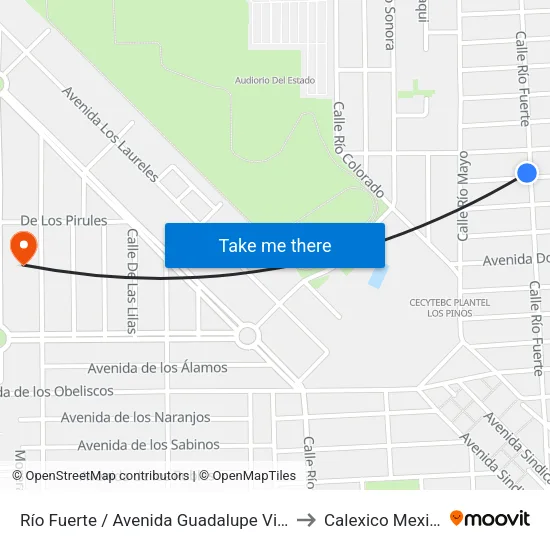 Río Fuerte / Avenida Guadalupe Victoria to Calexico Mexicali map