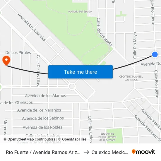 Río Fuerte / Avenida Ramos Arizpe to Calexico Mexicali map