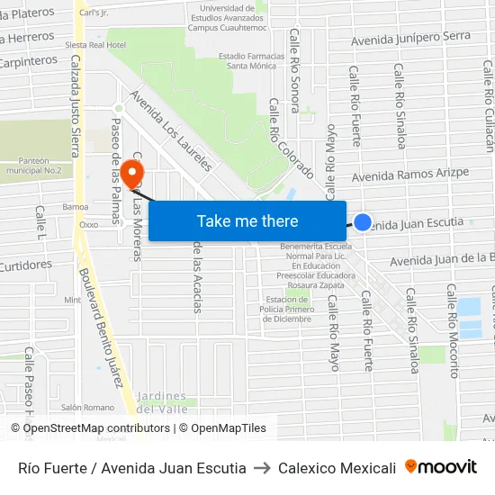 Río Fuerte / Avenida Juan Escutia to Calexico Mexicali map