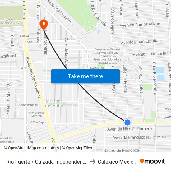 Río Fuerte / Calzada Independencia to Calexico Mexicali map