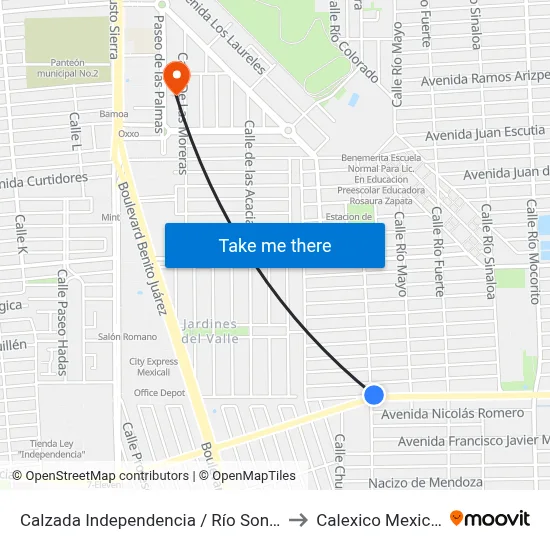 Calzada Independencia / Río Sonora to Calexico Mexicali map