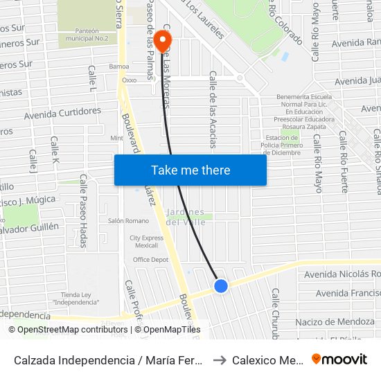 Calzada Independencia / María Fermín Rivera to Calexico Mexicali map