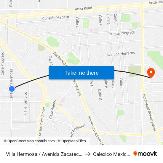 Villa Hermosa / Avenida Zacatecas to Calexico Mexicali map