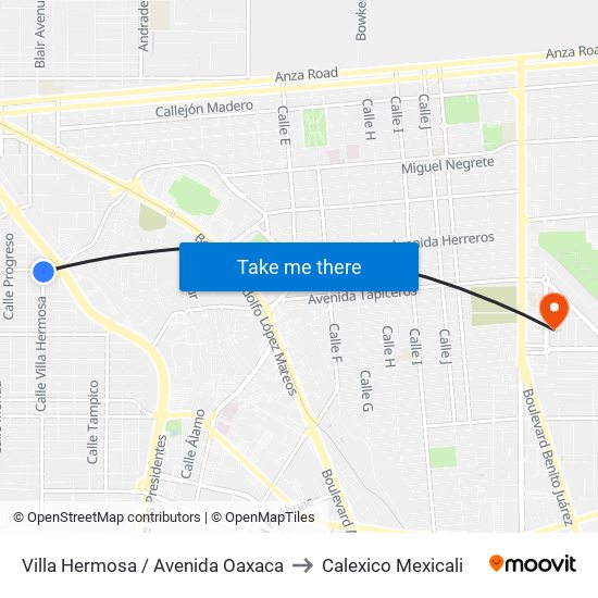 Villa Hermosa / Avenida Oaxaca to Calexico Mexicali map