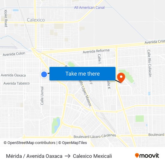 Mérida / Avenida Oaxaca to Calexico Mexicali map