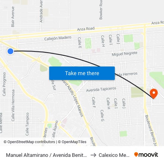 Manuel Altamirano / Avenida Benito Juárez to Calexico Mexicali map