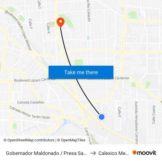 Gobernador Maldonado / Presa San Joaquín to Calexico Mexicali map