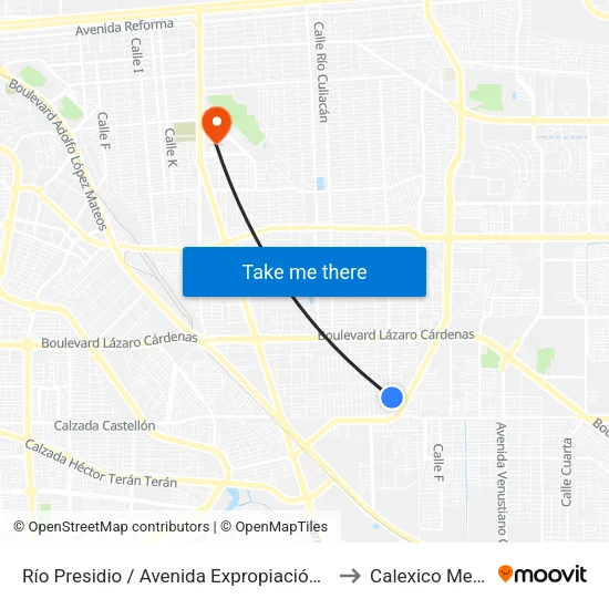 Río Presidio / Avenida Expropiación Petrolera to Calexico Mexicali map
