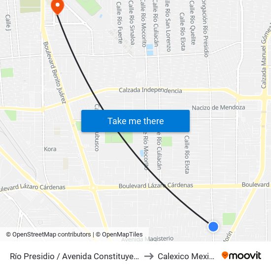 Río Presidio / Avenida Constituyentes to Calexico Mexicali map